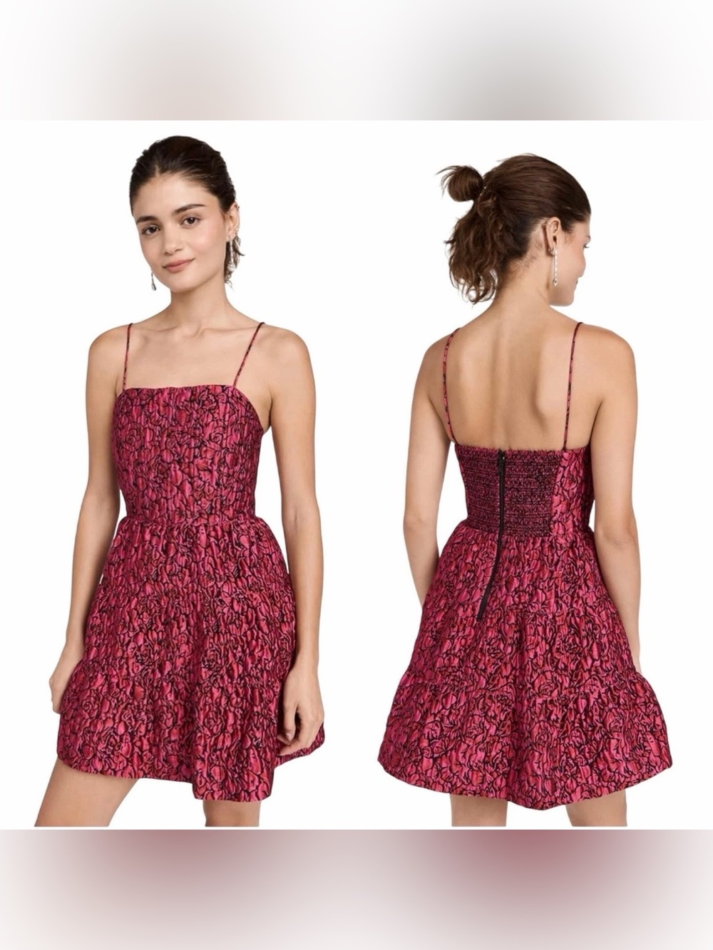 Alice + Olivia Jamila Spaghetti Strap Tiered Mini Dress 4 Wild Pink Black Party‎